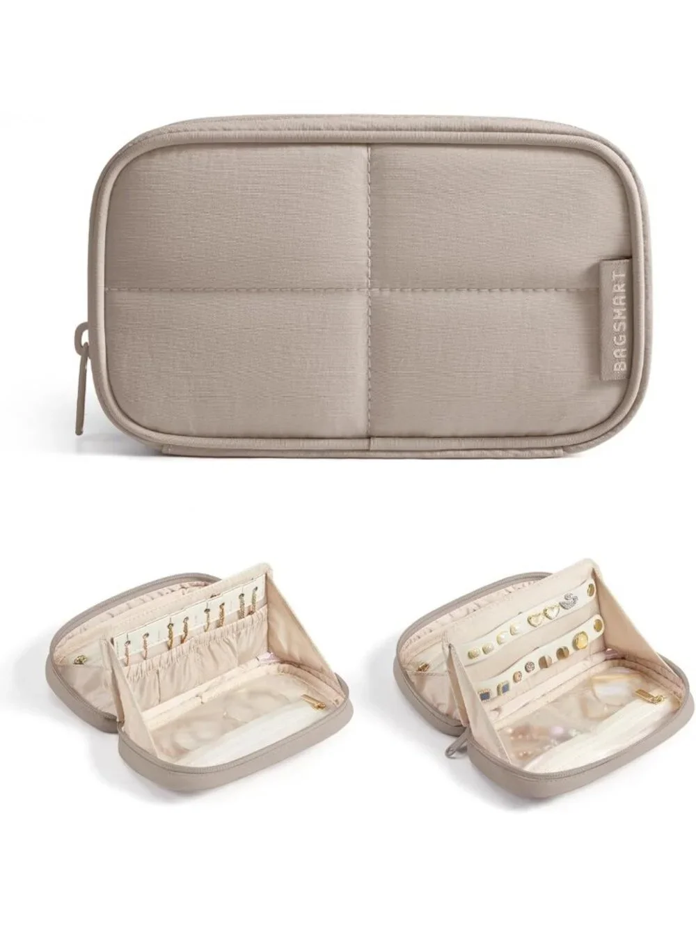 Travel Jewelry Organizer Case - 180° Flat Open, Dual-Compartment, Brown Puffer